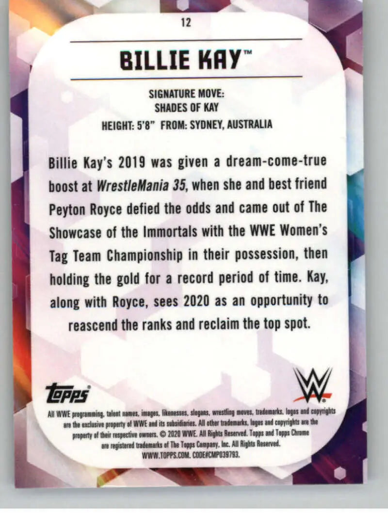 2020 Topps Chrome #12 Billie Kay NM-MT Wrestling Card - Wrestling Card Single