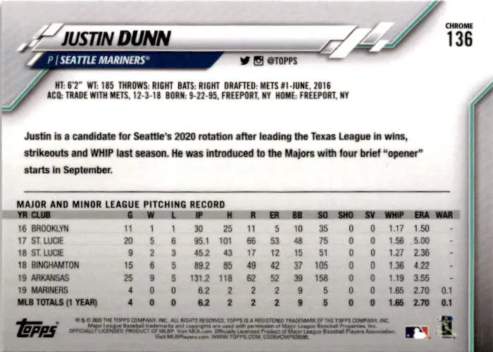 2020 Topps Chrome #136 Justin Dunn Prism Refractor - Baseball Card Single