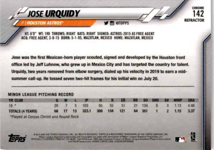 2020 Topps Chrome #142 Jose Urquidy Pink Refractor - Baseball Card Single