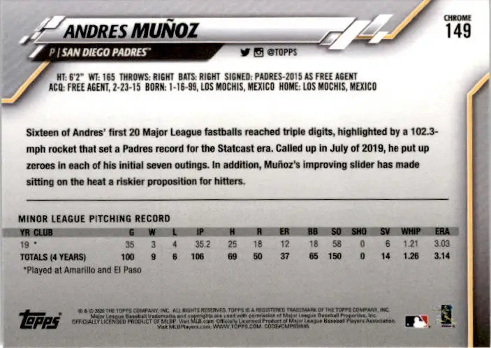 2020 Topps Chrome #149 Andres Muñoz - Baseball Card Single
