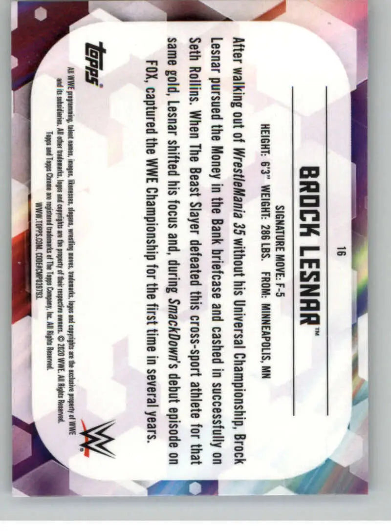 2020 Topps Chrome #16 Brock Lesnar NM-MT Wrestling Card - Other
