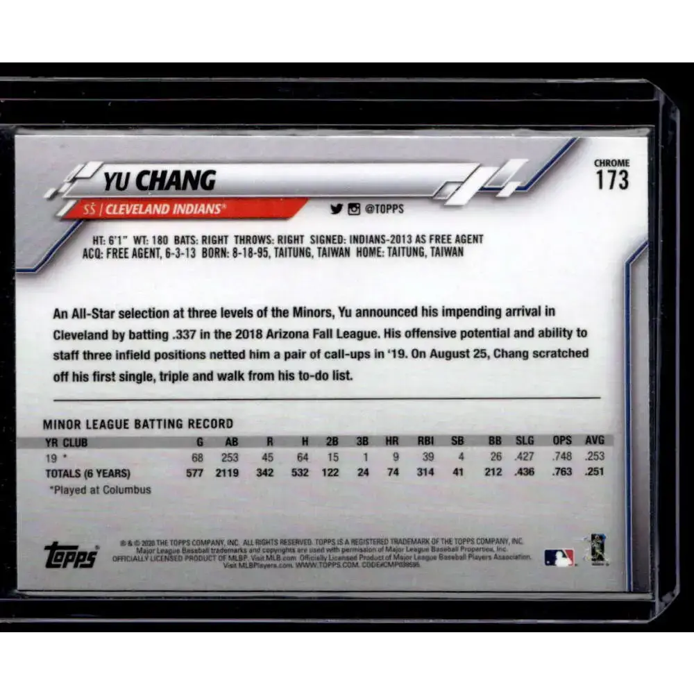 2020 Topps Chrome #173 Yu Chang Prism Refractor NM-MT - Baseball Card Single