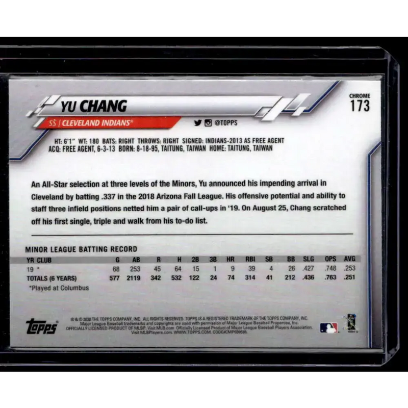 2020 Topps Chrome #173 Yu Chang Prism Refractor NM-MT - Baseball Card Single