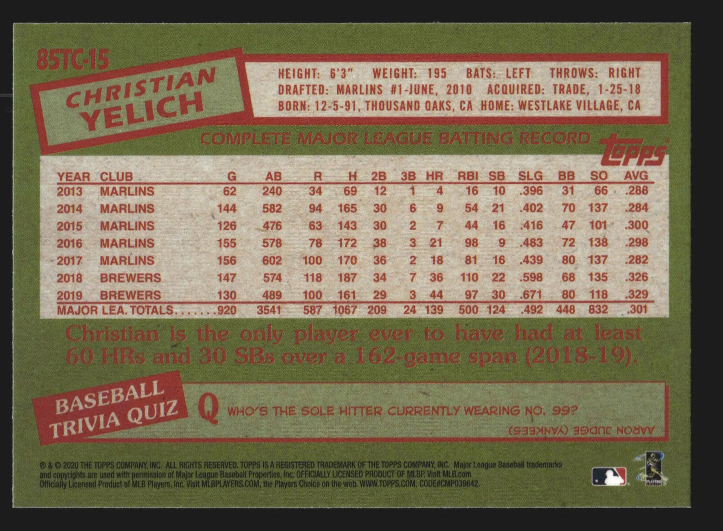 2020 Topps Chrome 1985 Topps #85TC-15 Christian Yelich Refractor - Baseball Card Single