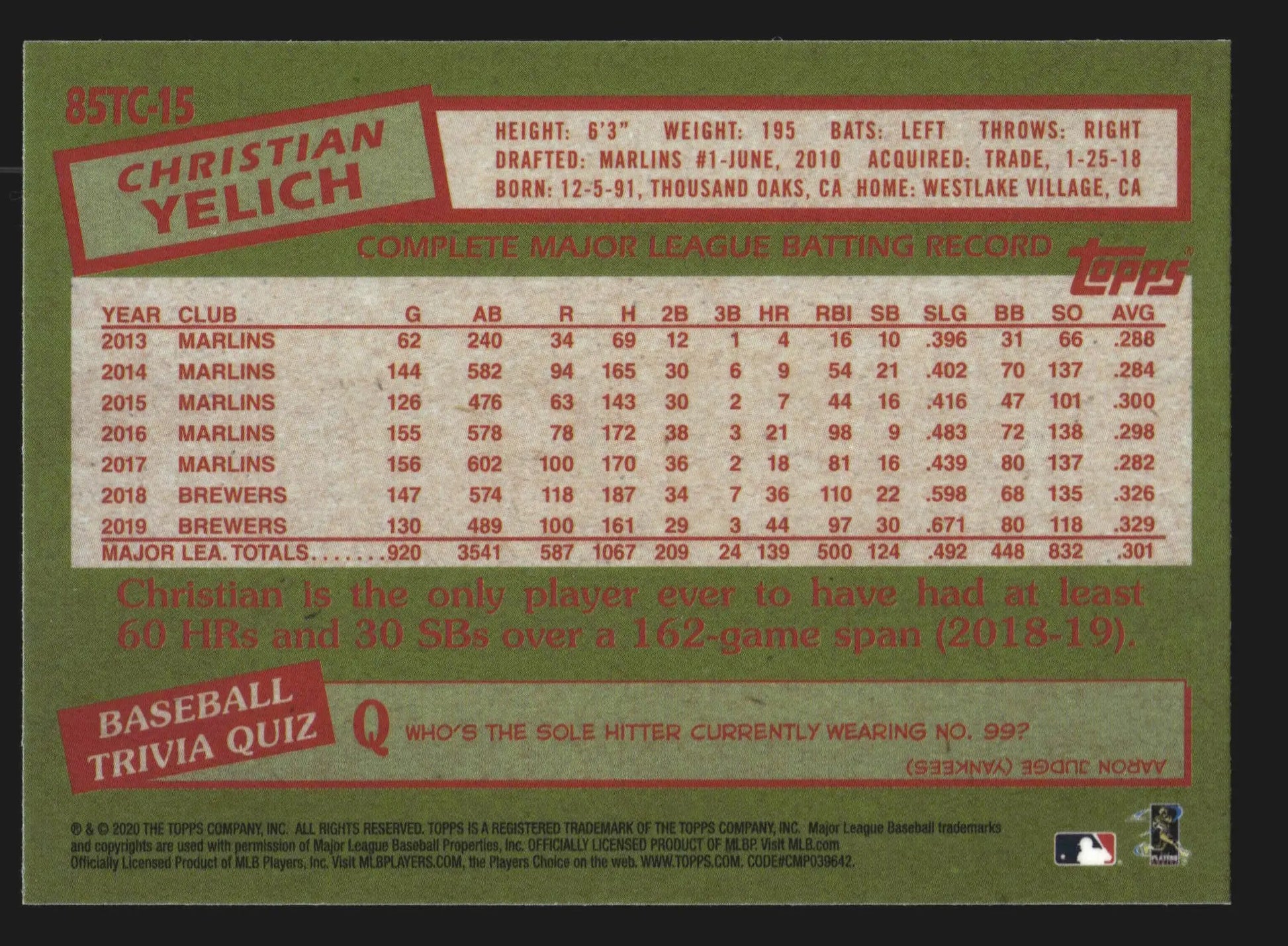 2020 Topps Chrome 1985 Topps #85TC-15 Christian Yelich Refractor - Baseball Card Single