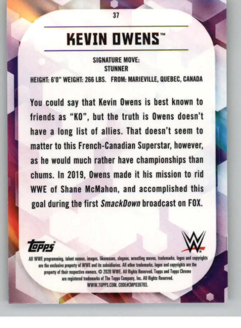 2020 Topps Chrome #37 Kevin Owens NM-MT Wrestling Card - Wrestling Card Single