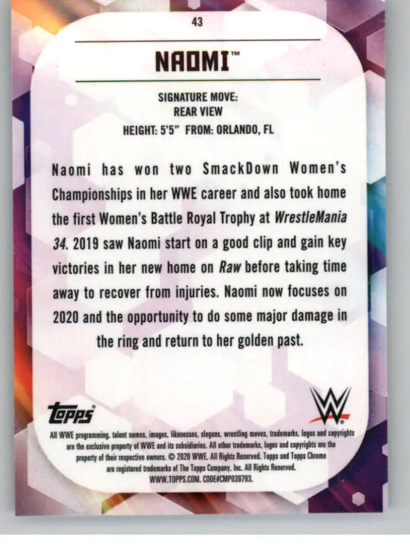 2020 Topps Chrome #43 Naomi NM-MT Wrestling Card - Other