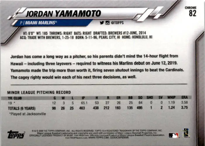 2020 Topps Chrome #82 Jordan Yamamoto - Baseball Card Single