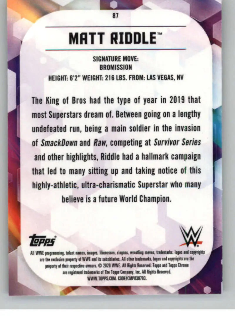2020 Topps Chrome #87 Matt Riddle NM-MT Wrestling Card - Other