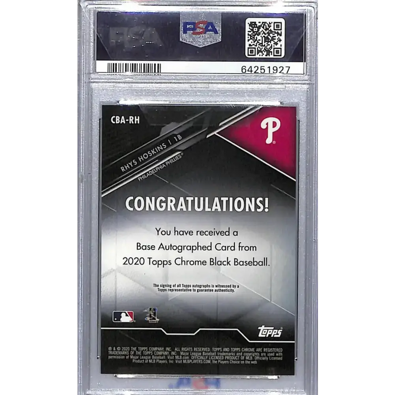 2020 Topps Chrome Black #CBA-RH Rhys Hoskins PSA 10 GEM MINT Auto Philadelphia Phillies Baseball Card - Baseball Card