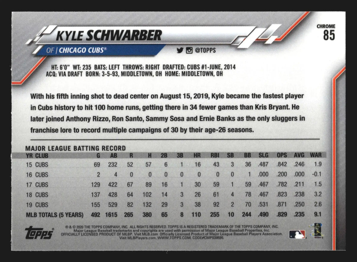 2020 Topps Chrome Kyle Schwarber #85 Prism Refractor Chicago Cubs - Baseball Card Single