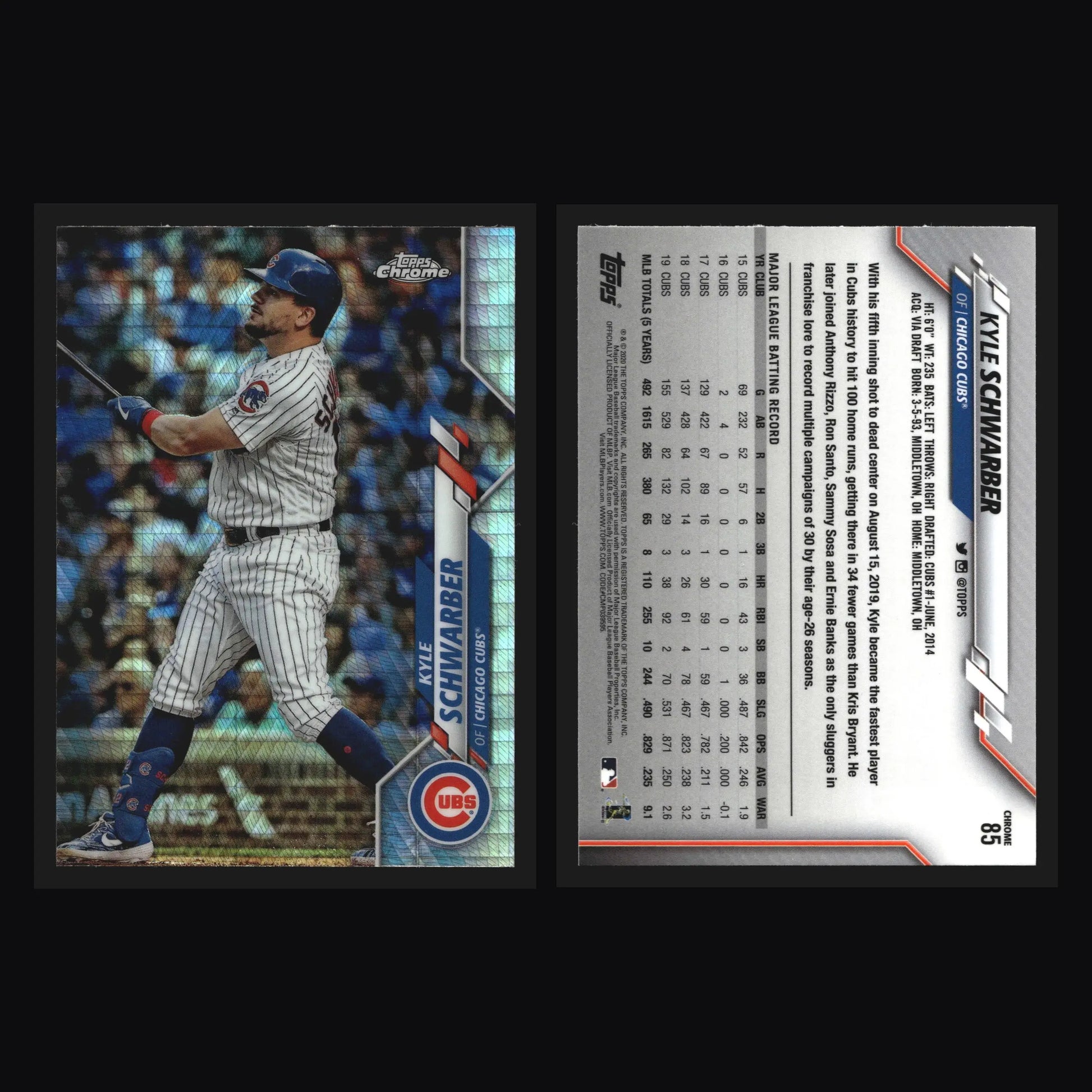 2020 Topps Chrome Kyle Schwarber #85 Prism Refractor Chicago Cubs - Baseball Card Single