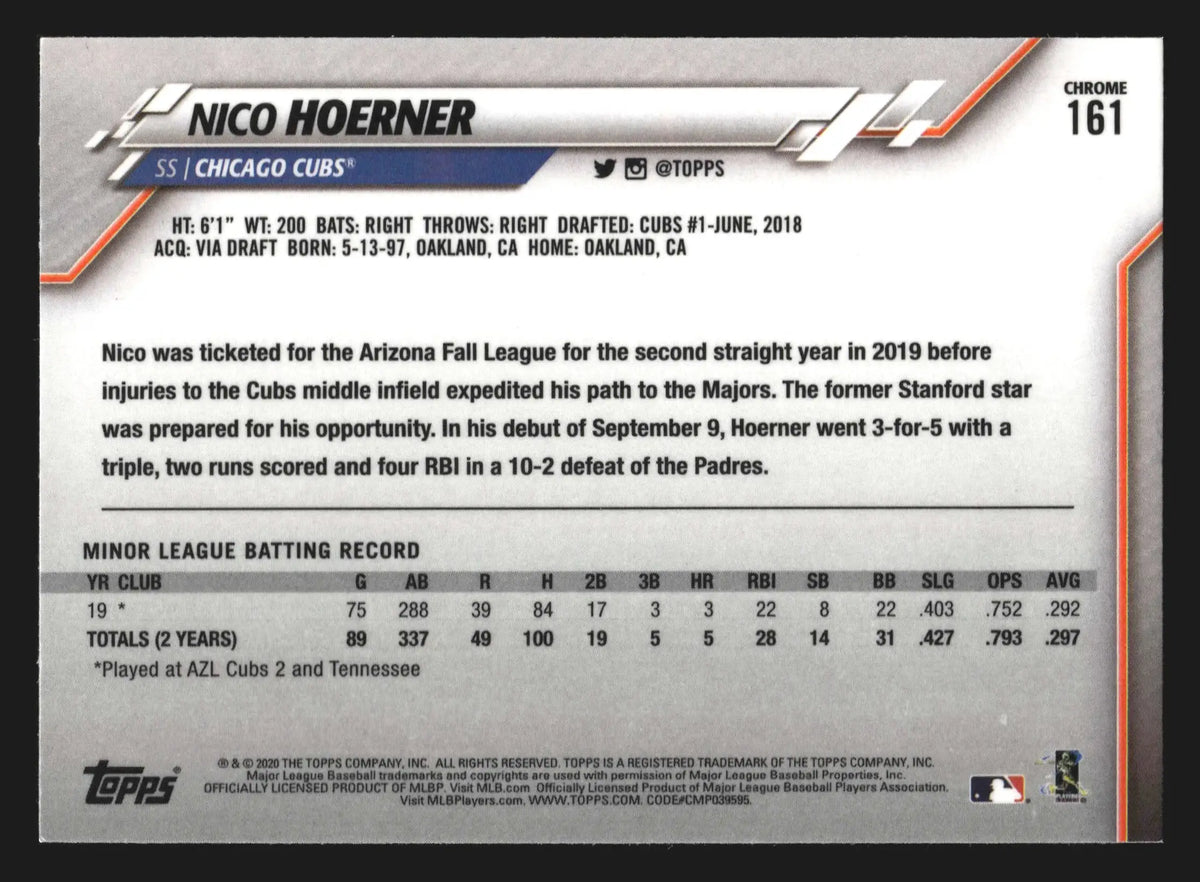 2020 Topps Chrome Nico Hoerner #161 RC Chicago Cubs - Baseball Card Single