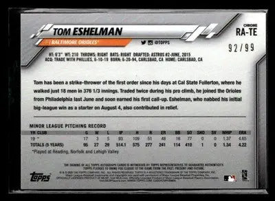 2020 Topps Chrome #RA-TE Tom Eshelman Rookie Autographs Green Refractor #/99 - Baseball Card Single