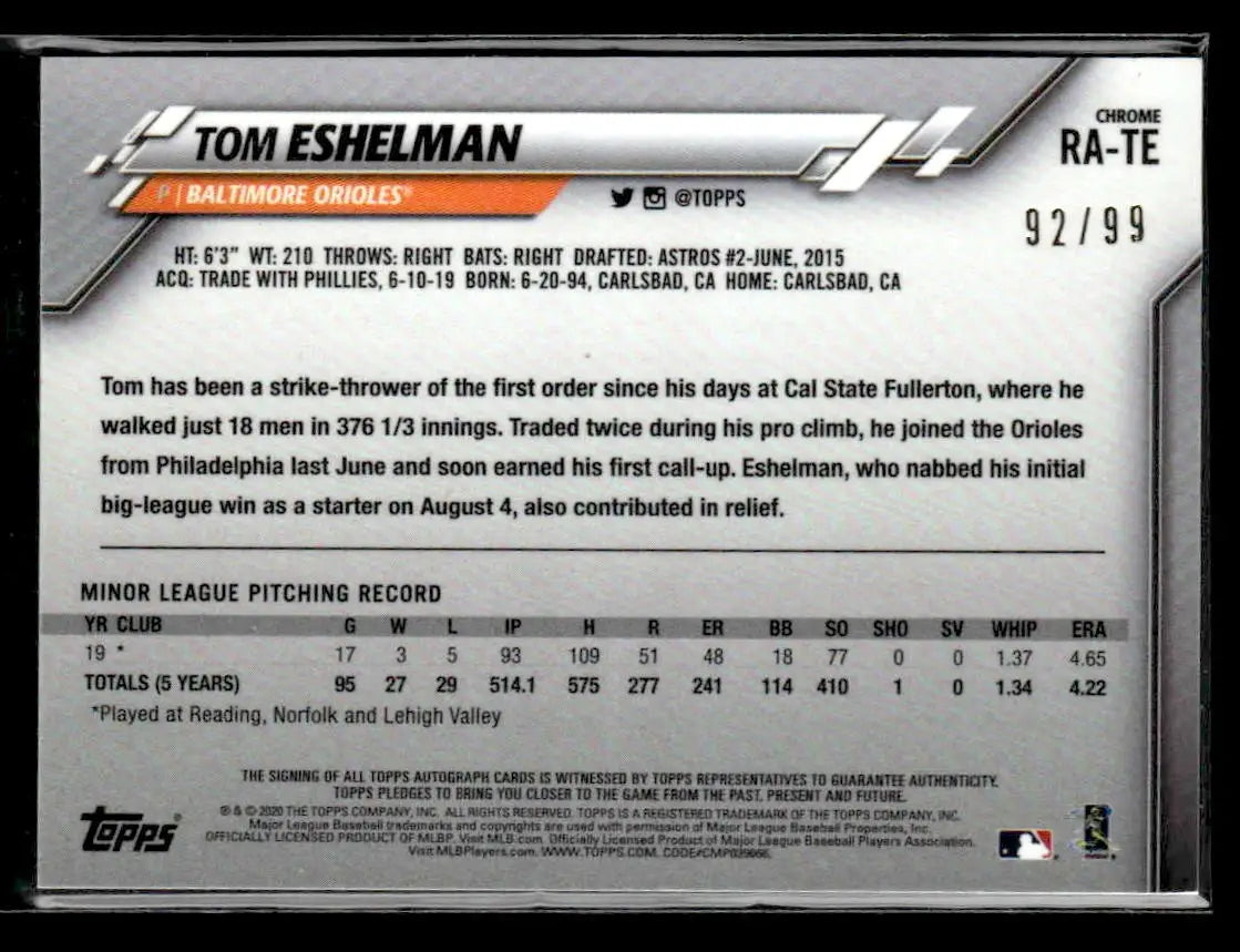 2020 Topps Chrome #RA-TE Tom Eshelman Rookie Autographs Green Refractor #/99 - Baseball Card Single