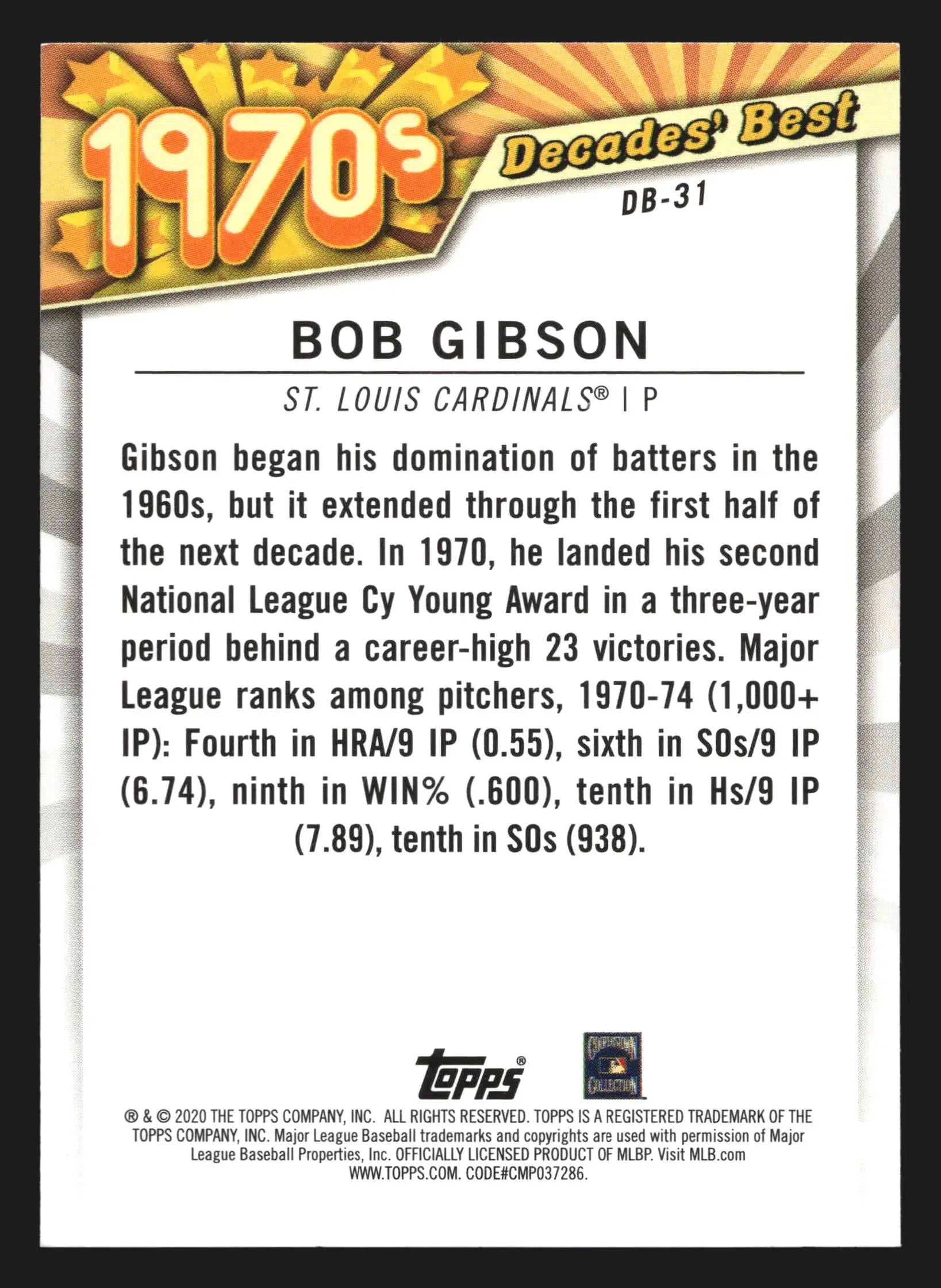 2020 Topps Decades’ Best Bob Gibson #DB-31 HOF St. Louis Cardinals - Baseball Card Single
