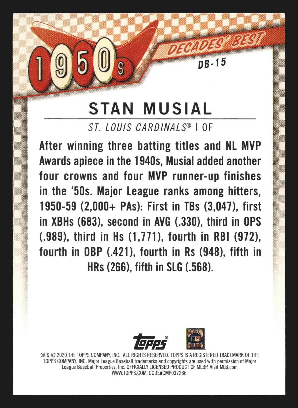 2020 Topps Decades’ Best Stan Musial #DB-15 St. Louis Cardinals HOF - Baseball Card Single
