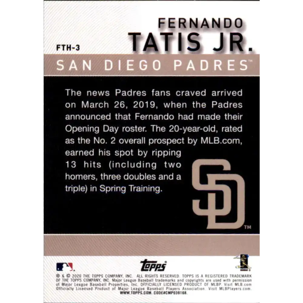 2020 Topps Fernando Tatis Jr. Highlights #FTH-3 Fernando Tatis Jr. NM-MT San Diego Padres Baseball Card - Baseball Card