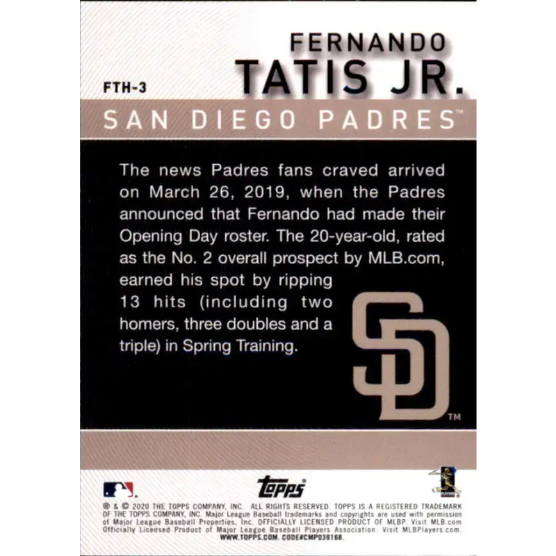2020 Topps Fernando Tatis Jr. Highlights #FTH-3 Fernando Tatis Jr. NM-MT San Diego Padres Baseball Card - Baseball Card