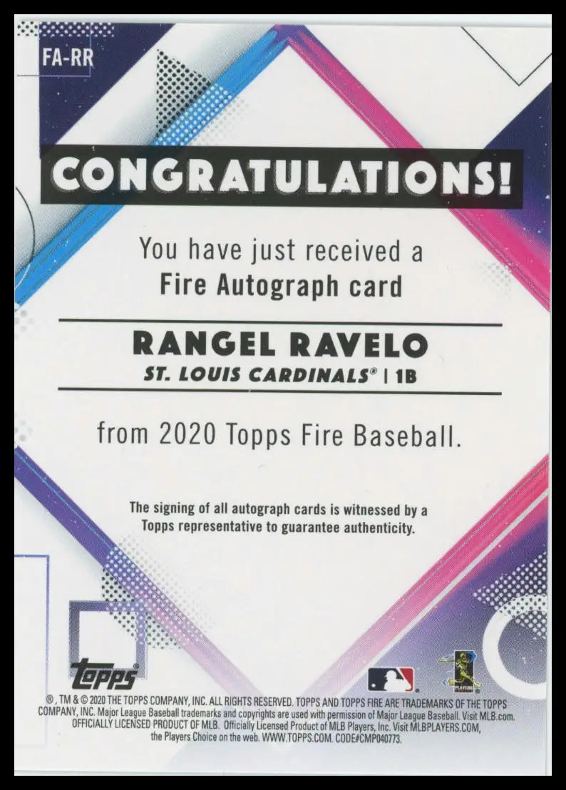 2020 Topps Fire - Autographs Rangel Ravelo FA-RR Auto STL Cardinals Baseball NM - Baseball Card Single
