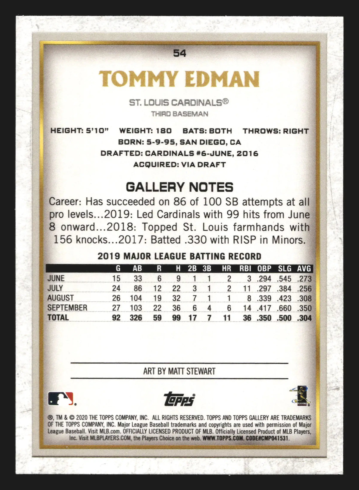 2020 Topps Gallery Tommy Edman #54 Artist Proof St. Louis Cardinals - Baseball Card Single