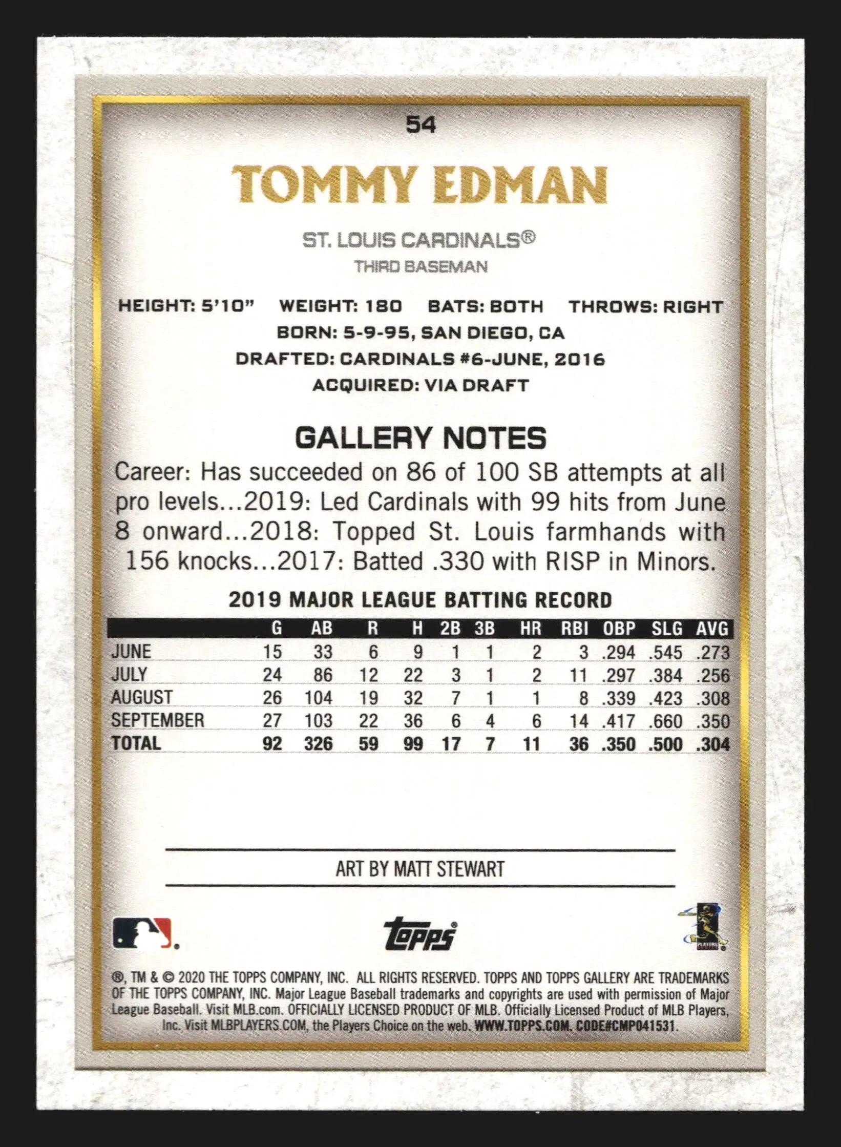2020 Topps Gallery Tommy Edman #54 Artist Proof St. Louis Cardinals - Baseball Card Single