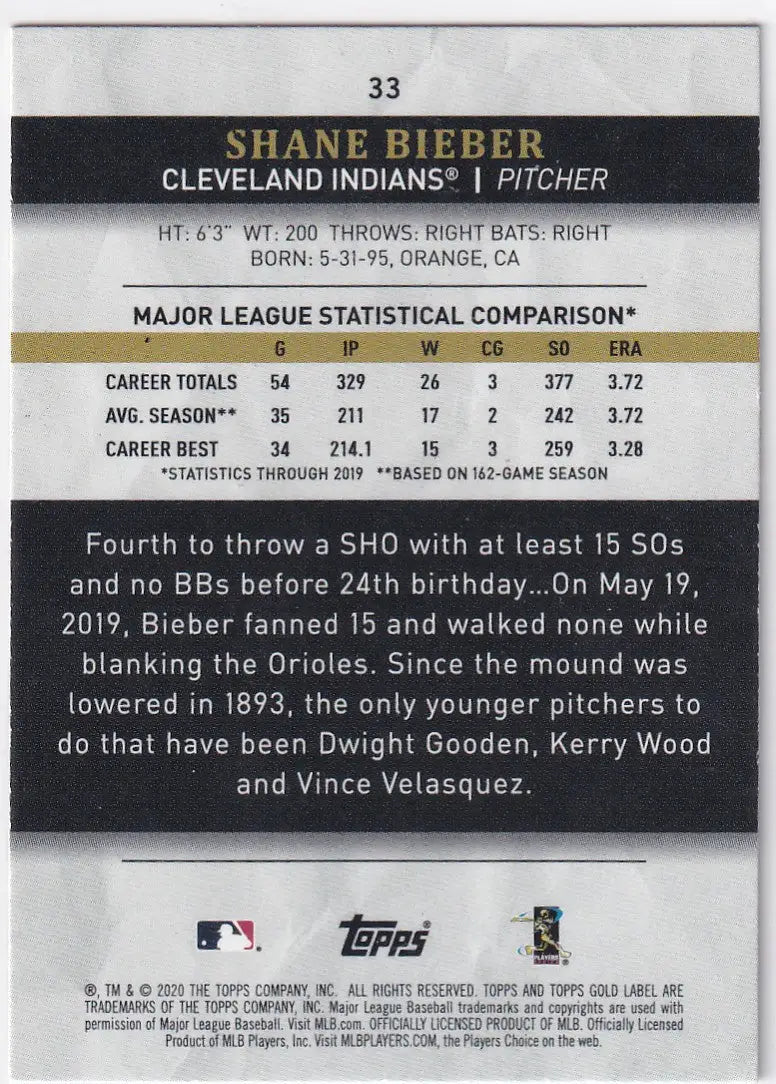 2020 TOPPS GOLD LABEL #33 SHANE BIEBER- CLEVELAND INDIANS - Baseball Card Single