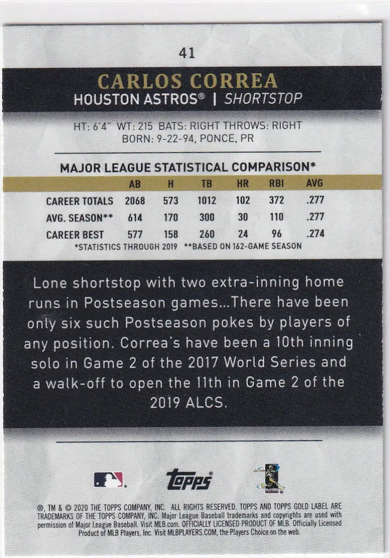 2020 TOPPS GOLD LABEL #41 CARLOS CORREA- HOUSTON ASTROS - Baseball Card Single