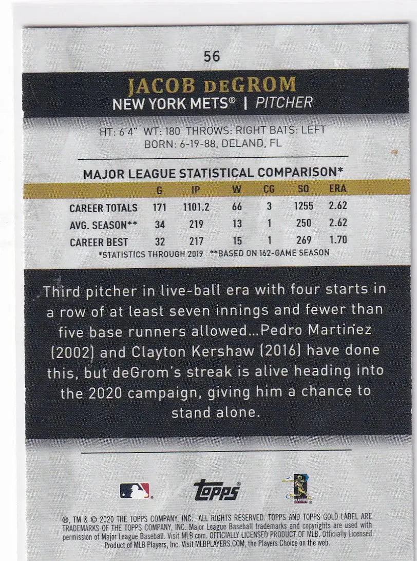 2020 TOPPS GOLD LABEL #56 JACOB DEGROM- NEW YORK METS - Baseball Card Single