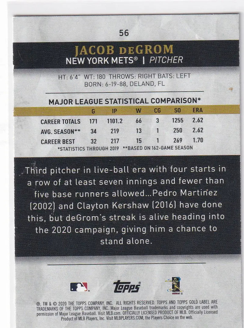 2020 TOPPS GOLD LABEL #56 JACOB DEGROM- NEW YORK METS - Baseball Card Single