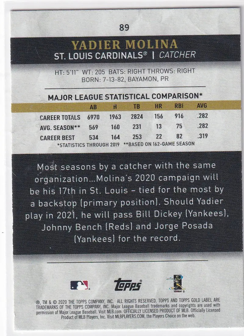 2020 TOPPS GOLD LABEL #89 YAIDER MOLINA- ST LOUIS CARDINALS - Baseball Card Single