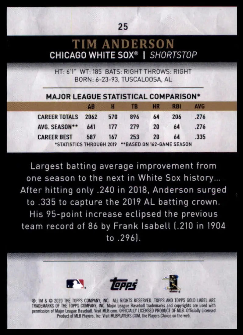 2020 Topps Gold Label - Class 1 Blue Tim Anderson 25 /150 Chicago White Sox NM - Baseball Card Single