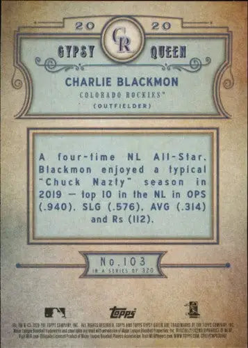Original gloss baseball trading card for Charlie Blackmon from Topps Gypsy Queen series