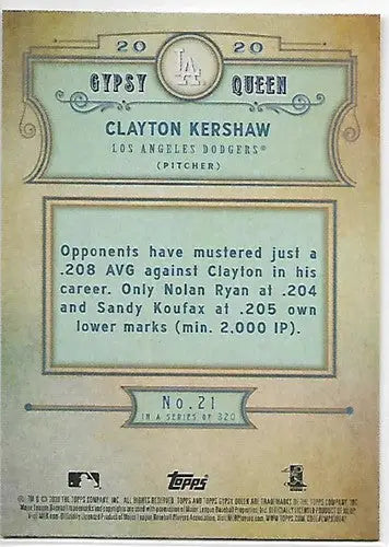 2020 Topps Gypsy Queen #21 Clayton Kershaw NM-MT Dodgers ID:26643 - Baseball Card Single