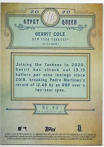 2020 Topps Gypsy Queen Gerrit Cole Yankees baseball card, NM-MT condition