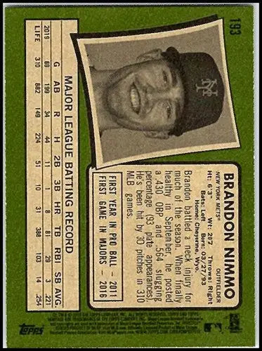 2020 Topps Heritage #193 Brandon Nimmo NM-MT Mets ID:26065 - Baseball Card Single