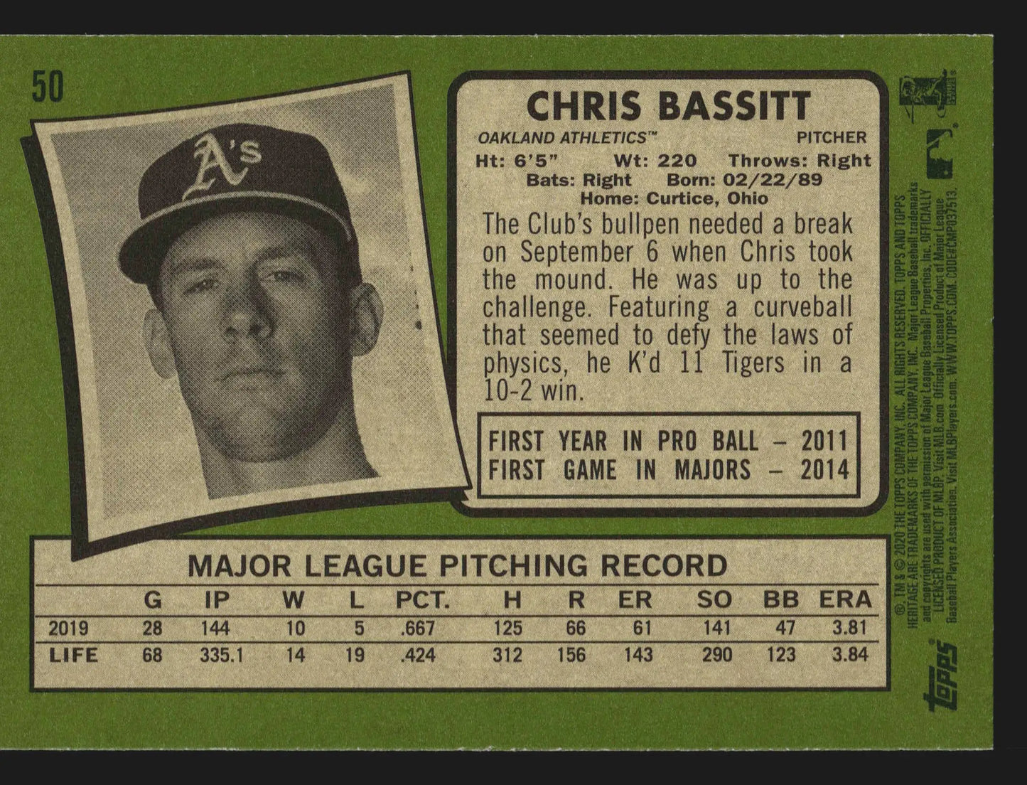 2020 Topps Heritage #50 Chris Bassitt Oakland Athletics - Baseball Card Single