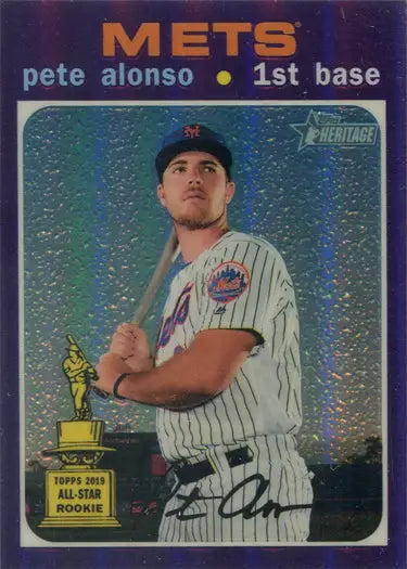 Pete Alonso baseball card from 2020 Topps Heritage Chrome Purple Parallel series