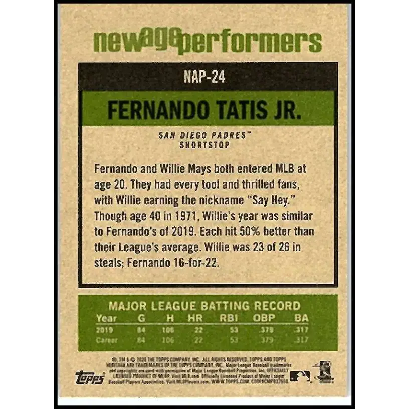 2020 Topps Heritage New Age Performers #NAP-24 Fernando Tatis Jr. NM-MT San Diego Padres Baseball Card