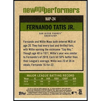 2020 Topps Heritage New Age Performers #NAP-24 Fernando Tatis Jr. NM-MT San Diego Padres Baseball Card