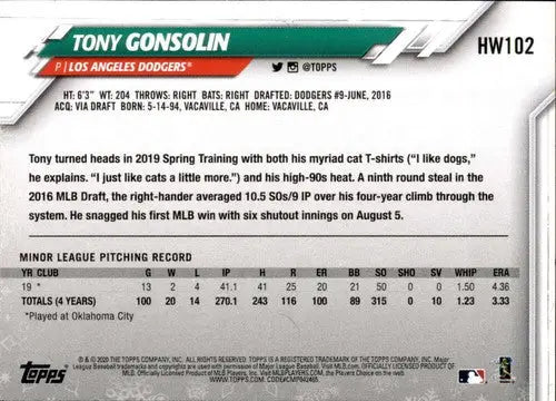 2020 Topps Holiday HW102 Tony Gonsolin rookie baseball card Dodgers NM-MT
