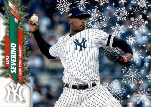 Original gloss of 2020 Topps Holiday HW115 Luis Severino Yankees baseball card showing a pitch