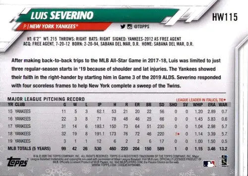2020 Topps Holiday HW115 Luis Severino NY Yankees baseball card with original gloss