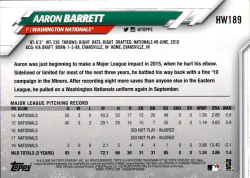 2020 Topps Holiday HW189 Aaron Barrett Nationals baseball card perfect condition