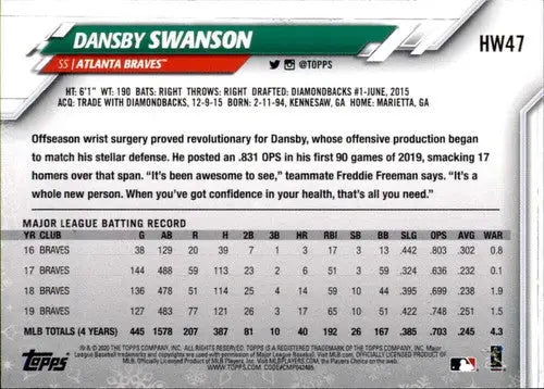 2020 Topps Holiday HW47 Dansby Swanson baseball card Braves ID 47820 NM-MT