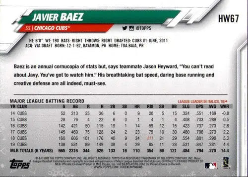 2020 Topps Holiday HW67 Javier Baez Cubs baseball card with NM-MT condition