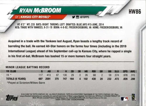 2020 Topps Holiday HW86 Ryan McBroom baseball card with original gloss, rookie Royals