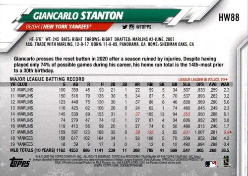 2020 Topps Holiday Hw88 Giancarlo Stanton baseball card Yankees NM-MT