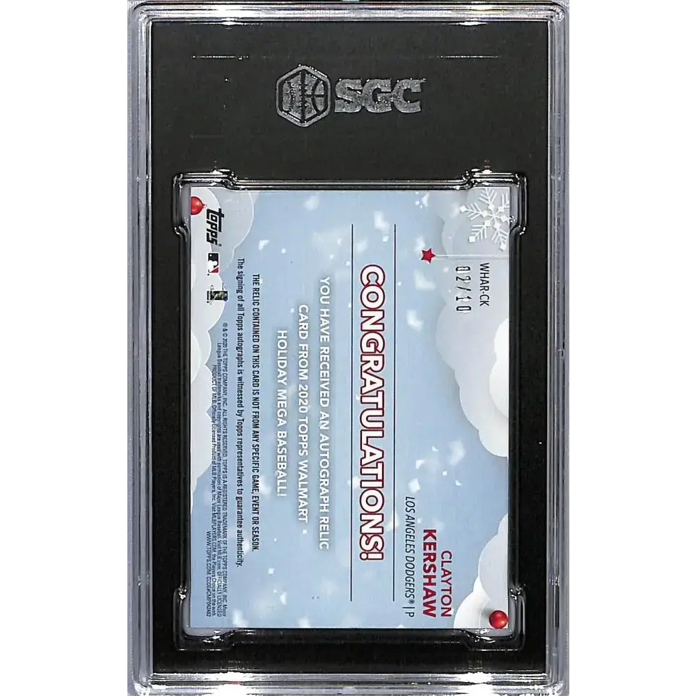 2020 Topps Holiday #WHARCK Clayton Kershaw SGC 10 Gem MEM Auto 7/10 Los Angeles Dodgers Baseball Card - Baseball Card