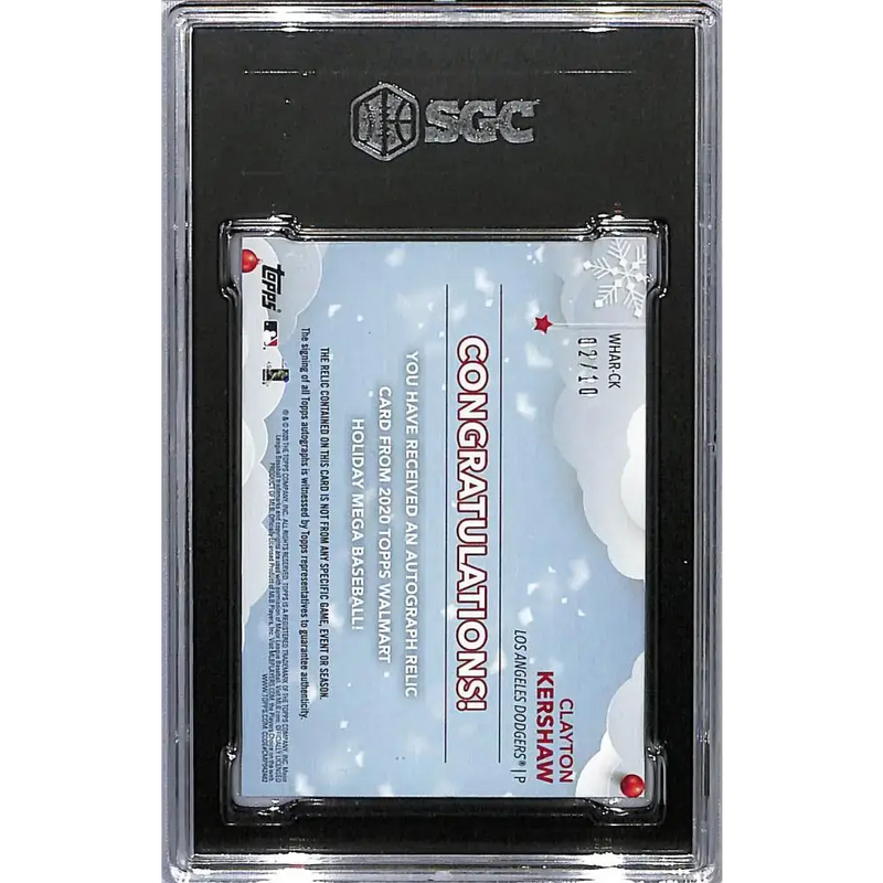 2020 Topps Holiday #WHARCK Clayton Kershaw SGC 10 Gem MEM Auto 7/10 Los Angeles Dodgers Baseball Card - Baseball Card